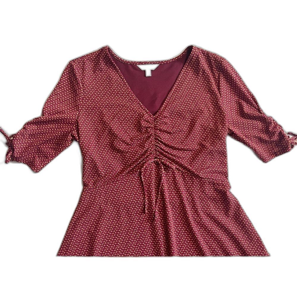 Lauren Conrad Women’s Maroon Midi Dress with Knot Sleeve Size Medium - Picture 2 of 16